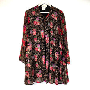 Vintage DIANE FREIS 100% Silk DUSTER JACKET Beaded Sequins Red Floral Women's 1X